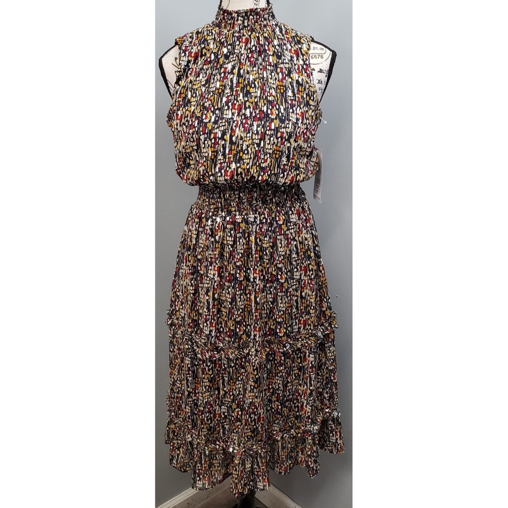 Sam & Edelman Dress Womens Petite PS Multi Abstract Dash Print Tiered Smocked